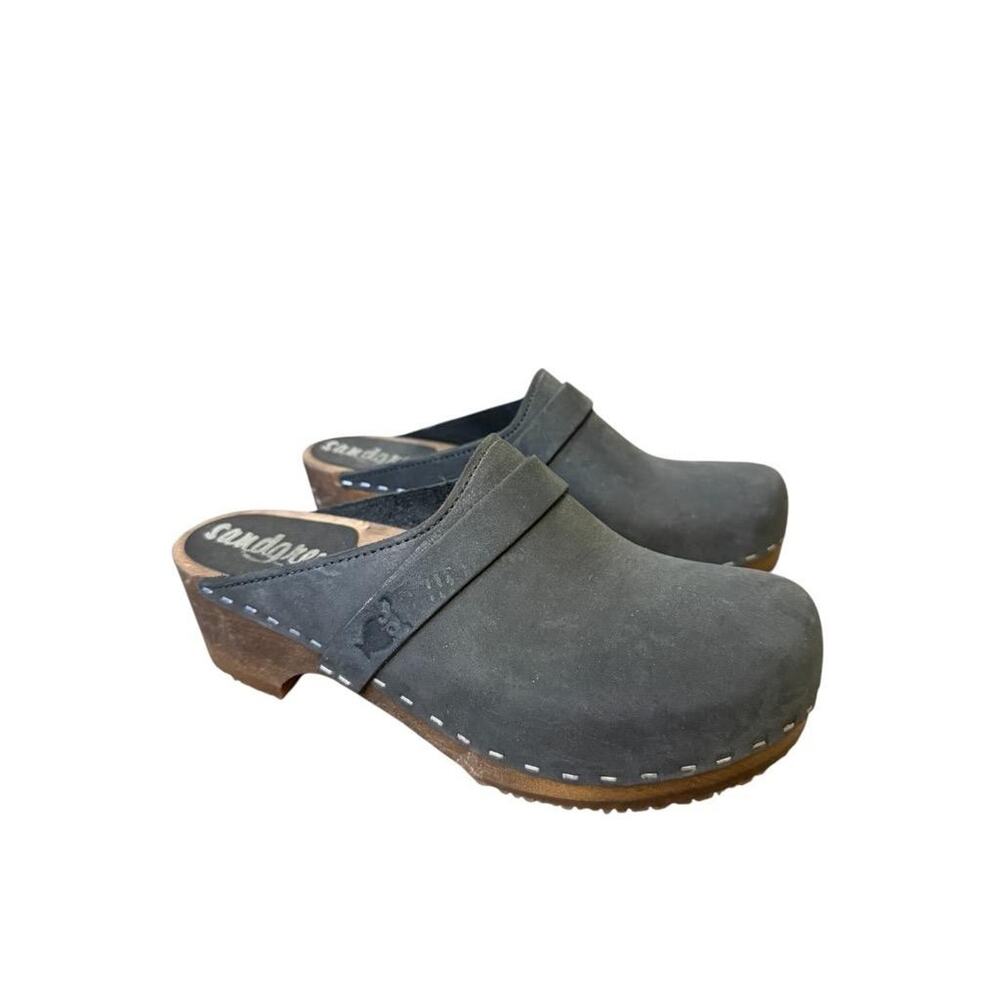 Sandgrens Tokyo Navy Leather Wood Clog Women size 37 US 6-6.5 EUC